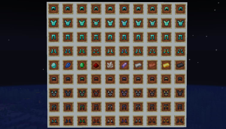 A grid showing the effects of different material armor trims on Diamond and Netherite armor