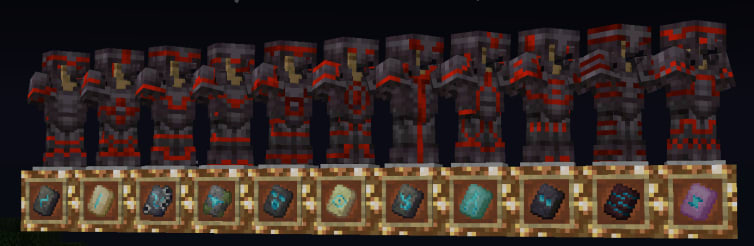 Netherite armor with the redstone color applied to the Sentry, Dune, Coast, Wild, Ward, Eye, Vex, Tide, Snout, Rib, Spire trims respectively.