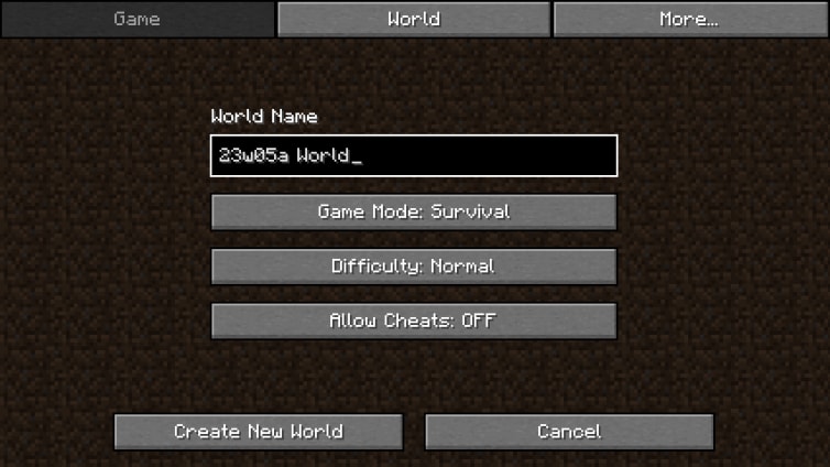The first screen, “Game,” of 23w05a’s newly-overhauled Create New World menu.