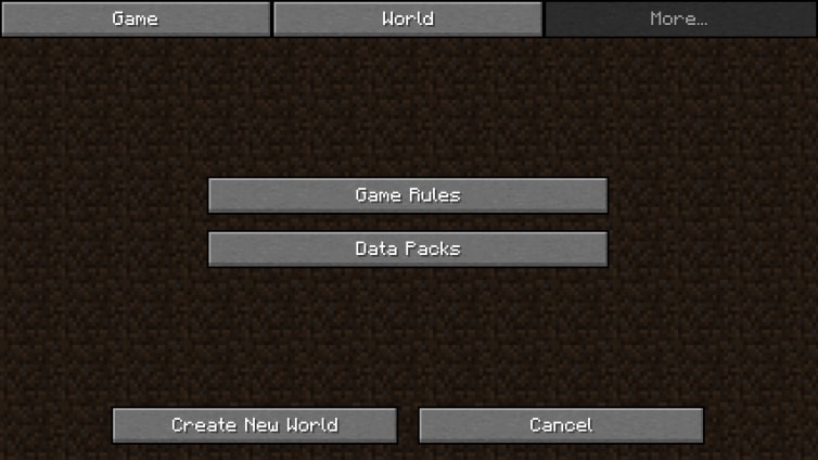 The “More…” screen of the new Create New World menu.