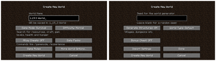 The old Create New World menu that we are familiar with in 1.19.3
