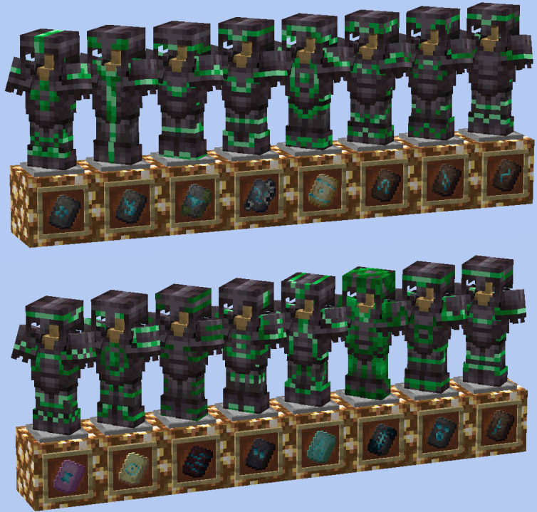 Every type of armor trim in Minecraft 1.20, applied to netherite armor with emerald as the trim material.