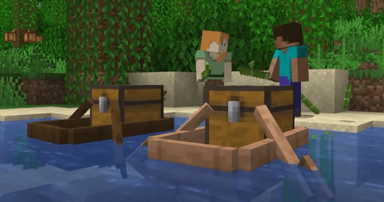 Minecraft players next to two boats with chests on them