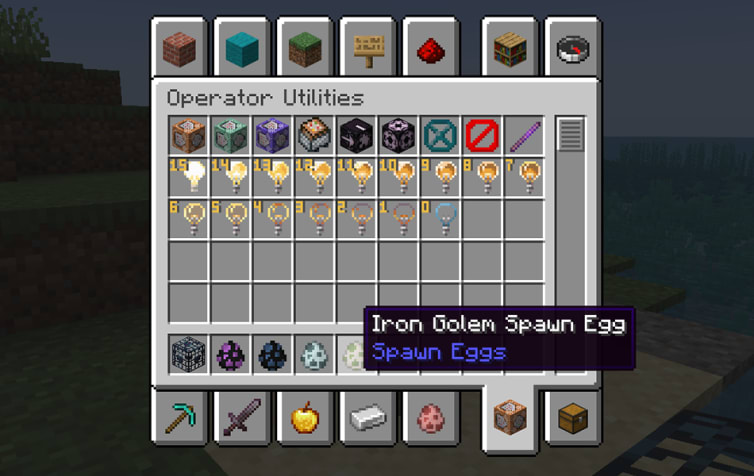 Iron golem spawn egg, mob spawner block, command block, etc… are all now in creative inventory!