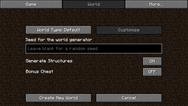 The “World” screen of the new Create New World menu.