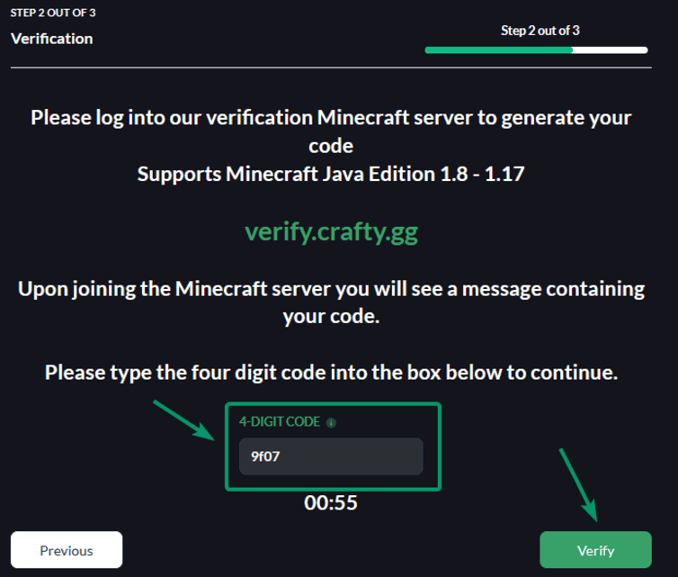Final Step entering the verification code