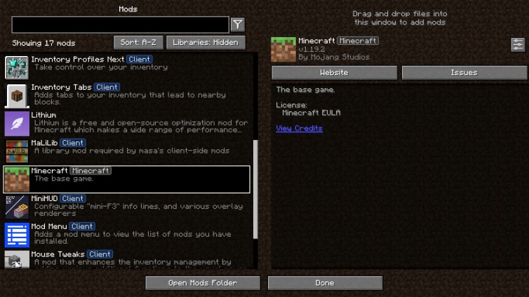 The Mod Menu GUI for managing and changing configurations of Fabric mods